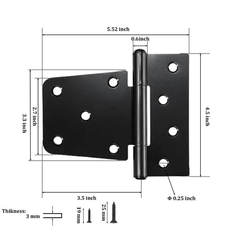 3-1/2 Inch Heavy Duty Gate Hinges 4 Pack Black Iron Shed Door Hinges with dimensions, 72 Screws, 1.2 Inch Thick Solid Steel