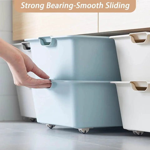 Person sliding storage bin with 12 Pcs Self Adhesive Caster Wheels Low-Profile Rollers With Unbreakable ABS Construction installed