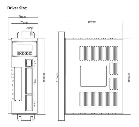 NOVKMJVZ 90ST-M03520 servo motor driver kit with brake, 730W, 220V AC, 2000rpm, 3.5Nm; front and side dimension diagram.