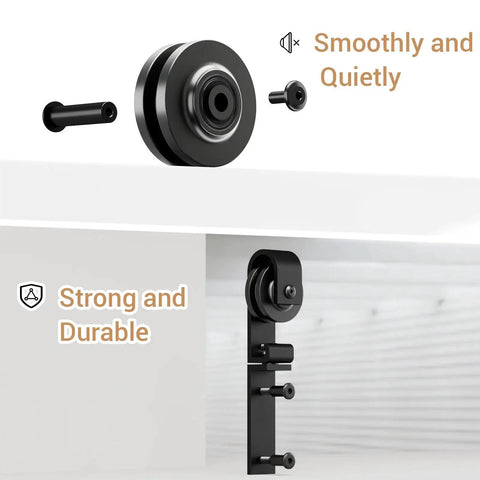 Upgraded 2.5 Foot Mini Folding Sliding Barn Door Hardware Kit For Two Doors Carbon Steel Construction Frosted Black Powder Coating Rust Resistant Quiet Nylon Rollers Smooth Sliding For TV Stands Cupboards Storage Cabinets No Cabinet side view showing nylon rollers and mounting brackets.