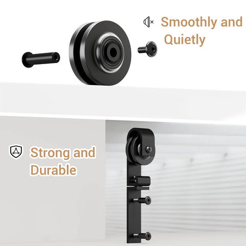 Close-up of smooth nylon rollers for upgraded 3ft mini folding sliding barn door hardware kit, showing carbon steel durability.
