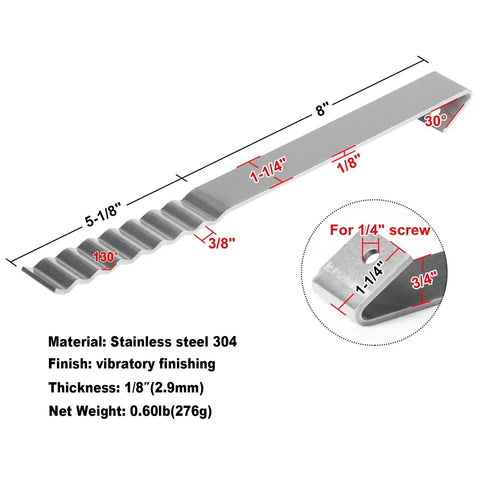4 Pack Corrugated Hook Column Anchors For Masonry Walls To I-Beam Columns, 13-1/8 In Long By 1-1/4 In Wide, Made Of 304 Stainless Steel, With 3/4 In Hook Opening (ID), product details, dimensions, and uses shown.