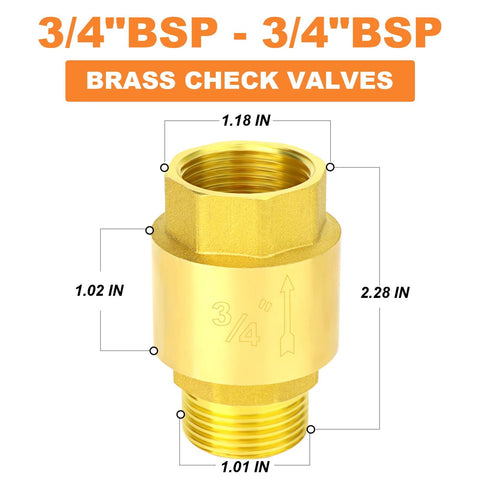 Brass 3/4 BSP check valve with female and male threaded ends for backflow prevention.