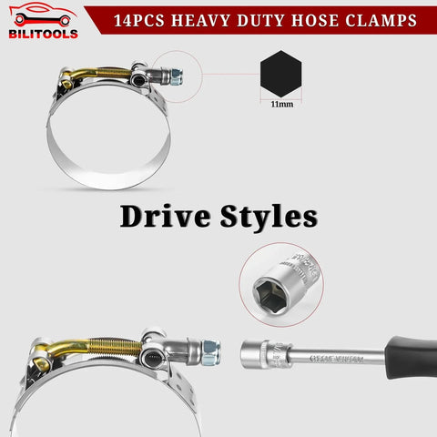 T Bolt Hose Clamp Set 14-Piece Heavy Duty Stainless Steel 304 for Turbo Intake and Radiator Hoses Sizes from 1 to 3 inches