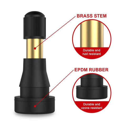 High Pressure Brass Stem Snap In Tire Valves For 0.453 Inch Rim Holes 11.5mm EPDM Rubber Core 5 Pack Fits Most Pickups And Heavy Duty Vehicles Durable Seal And Easy Install SUNSOUL TR600HP close-up showing brass stem and EPDM rubber