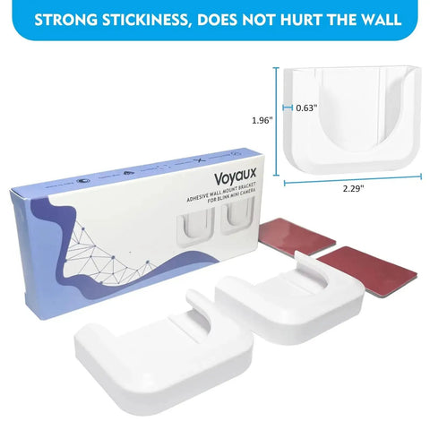 Adhesive Wall Mount Bracket For Blink Mini Indoor Camera No Drill No Screws; set with packaging and size dimensions.