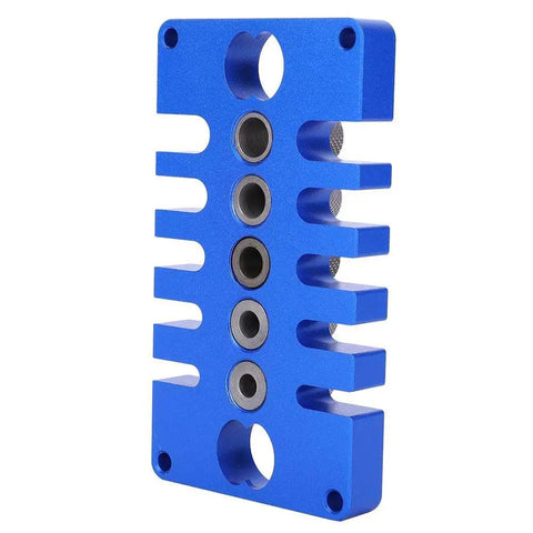 Side view of blue 3 In 1 Woodworking Drill Guide And Punch Positioner With Pro Grade Precision Aluminum Alloy Dowel Jig
