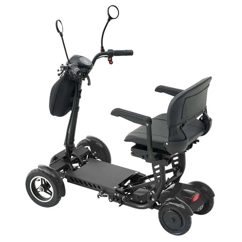 Side view of a 4-Wheel Foldable Electric Mobility Scooter For Adults And Seniors, All-Terrain Go-Anywhere Lightweight Ride in black.