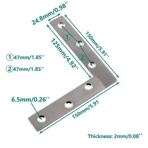 Stainless Steel L Shape Flat Corner Brace Bracket For Wood And Metal Shelves Cabinets And Furniture, 150 x 150 mm, 6 Holes