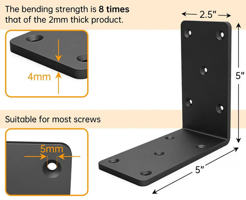 Beefy Heavy Duty 5x5 Inch L Bracket Set For Shelves Fences Pergolas And Posts with 5mm screw holes and 4mm thick steel
