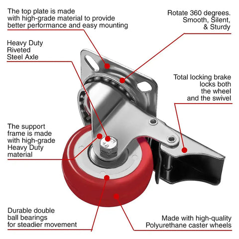 8 Pack Swivel Plate Casters With Red Polyurethane Wheels 2 Inch Diameter Plate 50mm Hole Center 33mm Locking Brakes Optional Durable Heavy Duty Casters For Furniture Tools Equipment And Mobile Carts, highlighting single caster details including 360-degree rotation and locking brake.