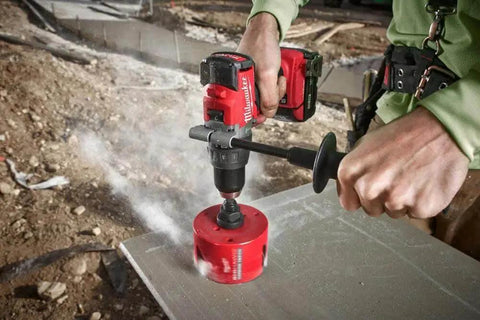 Big Hawg Four And A Quarter Inch Carbide Hole Saw Delivers Fast Clean Holes In Wood And Soft Metal With Durable Carbide Teeth Optimized Cut Rate And Long Life For Pros And DIYers By Milwaukee used on construction site