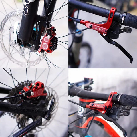 Front view of red JFOYH 4-piston MTB hydraulic brake caliper with 160mm rotor on front fork
Side view of red JFOYH 4-piston MTB hydraulic brake lever and caliper mounted on handlebars
Rear view of red JFOYH 4-piston MTB hydraulic disc brake caliper with 160mm rotor
Installed view of red JFOYH 4-piston MTB hydraulic brake lever on handlebars with hose