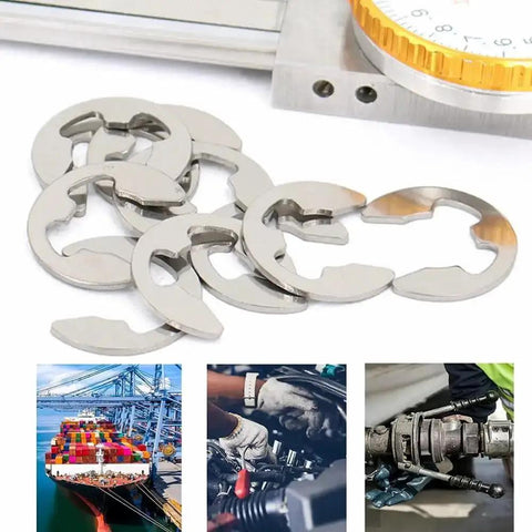 120Piece Metal E Clip Assortment Kit With Durable E Retaining Rings In Sizes From 1.5Mm To 10Mm, shown with machinery and automotive uses