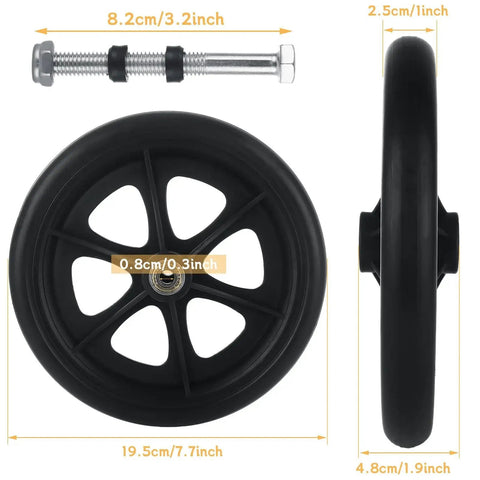 Front and side view of 4 Pcs Replacement Wheelchair Wheels 8 Inch Universal Anti Slip Casters For Wheelchairs Walkers Rollators Black Includes Axle Screws Fits Most 8 Inch Frames With 7.87 Inch Diameter And 0.94 Inch Rim Width