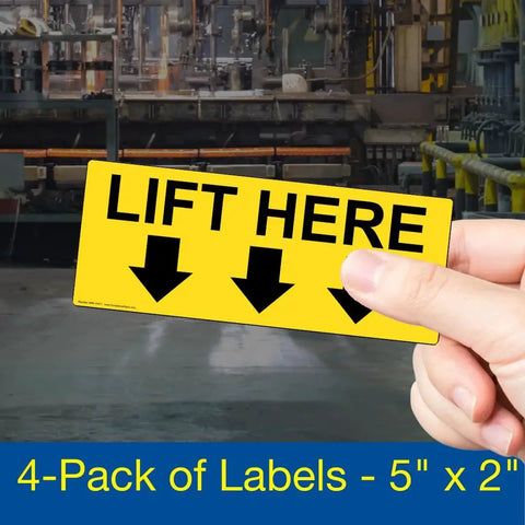 Front view: yellow Lift Here label decal, 5x2 in, with three down arrows, vinyl, held by hand (4-pack)
