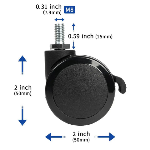 Close-up of lockable caster wheel with M8 stem, nylon threaded swivel, for standing desk replacement, 2-inch diameter.