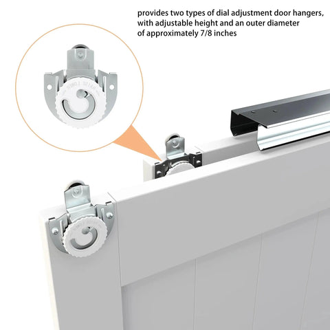 Close-up of bypass sliding door track hardware with adjustable steel hangers for 48-inch wardrobe closet system.