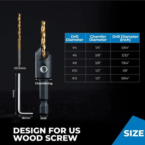 Must-Have Countersink Drill Bit Set for Woodworking, 5-Piece Pro-Grade High-Speed Steel Bits size chart and hex shank