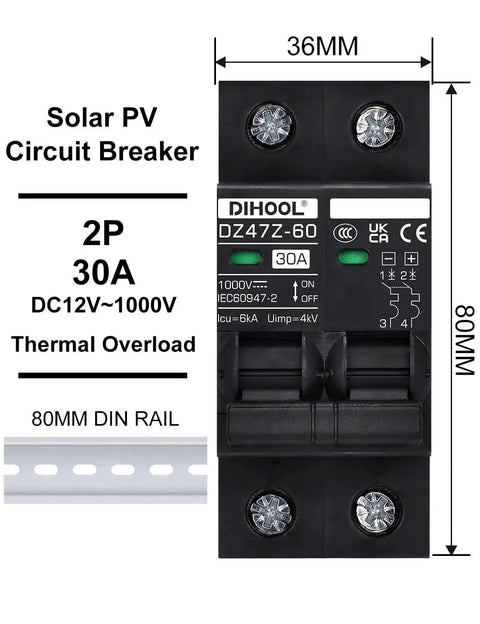 Front view of Beefy 30 Amp Circuit Breaker For DIN Rail Mount Solar Disconnect Switch 2 Pole 1000V, compact design with labels.