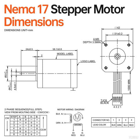 Technical diagram of Nema 17 stepper motor dimensions, side and front views, including wiring and connector details.