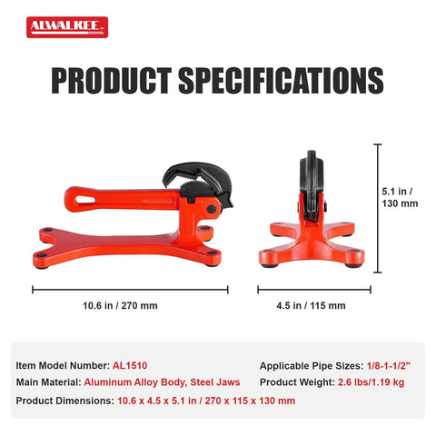 Alwalkee portable pipe vise with red aluminum body and black jaws, 1/8-1-1/2 in capacity, front and side views.