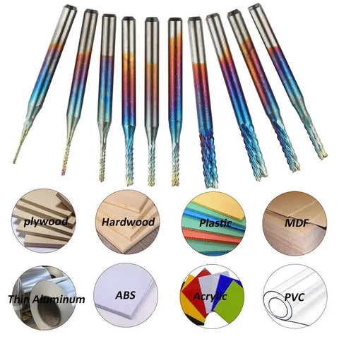 Ten Piece Nano Blue Coat End Mill CNC Router Bits Set For PCB Mold Plastic Fiber Carbon Fiber Hard Wood With One Eighth Inch Shank And Diameters From 0.8 To 3.175mm For Precision Milling And Do It All CNC Machining displayed with materials it can work on including plywood, MDF, and plastic.