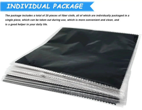 Stack of Microfiber Cleaning Cloths 6x7 Inches, 20 Pack in Vinyl Pouches for Glasses and Screens in individual packaging