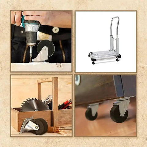 Collage showing 12 Pack 2 Inch Swivel Caster Wheels With Plate Mount Ball Bearings Rubber Base, used on carts and dollies