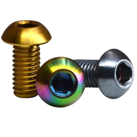 Gold Titanium M8x1.25 30mm Hex Socket Button Head Screws 6 Piece Set Gr5 Titanium Fasteners Nano Coated For Bike Frame Shifter Handlebar Pedals Racks Forks Rims Fender Plate, showing three colorful screws close-up.
