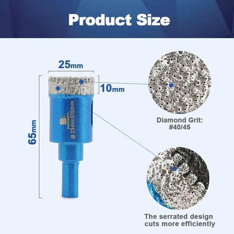 Two Piece Dry Diamond Core Drill Bit Set Pro Grade For Porcelain Tile Ceramic Stone Granite Marble 1 Inch 25mm Diamond Hole Saw With Triangle Shank By BRSCHNITT showing product size details