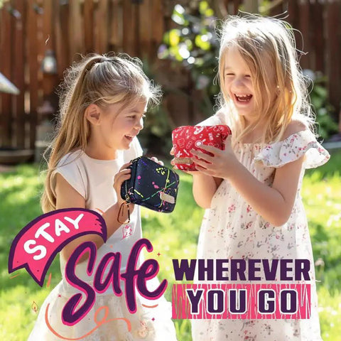 Two girls holding Pocket Size 105-Piece First Aid Kit For Families And Kids, Travel Ready Mini Rescue Pack with Stay Safe text.