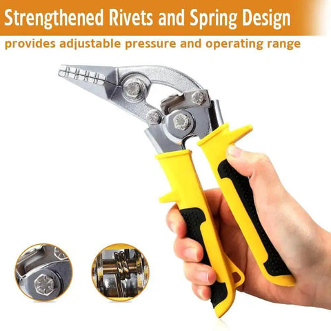 Hand holding 3 Inch Curved Jaw Hand Seamer For Sheet Metal Pro Grade Offset Bender Tool with yellow handle and strengthened rivets.