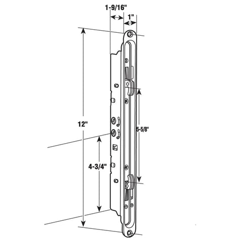 Technical diagram of 12.5 Inch Dual Point Double Hook Sliding Glass Door Mortise Lock With 3/8 Inch Recessed Plate And 12 Inch Hole Spacing.