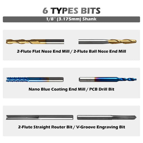 Pro Grade Tungsten Carbide End Mill Router Bits Set For CNC Machining 1/8 Inch Shank 50-Piece With Nano Blue Coating Titanium Coating 2-Flute Straight Bit Flat Nose Ball Nose PCB Drill V-Groove Engraving Bits By Genmitsu showing 6 types of bits