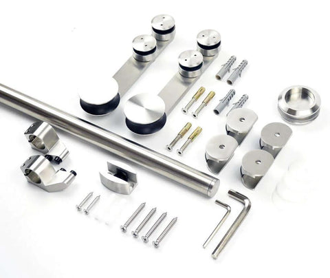 Heavy Duty Stainless Steel Glass Sliding Barn Door Hardware Kit For 8 Foot Doors With Brushed Finish Fits 8 Or 10mm Glass Supports Up To 90 Kg Hardware Only Includes Rollers 4 Feet Tracks Track Connectors Wall Connectors End Caps Floor Guide And Knob laid out on surface with tools.