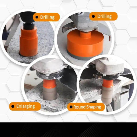 Diamond Core Drill Bits Set For Porcelain Tile And Stone Dry Drilling Kit shown in use on various stone surfaces