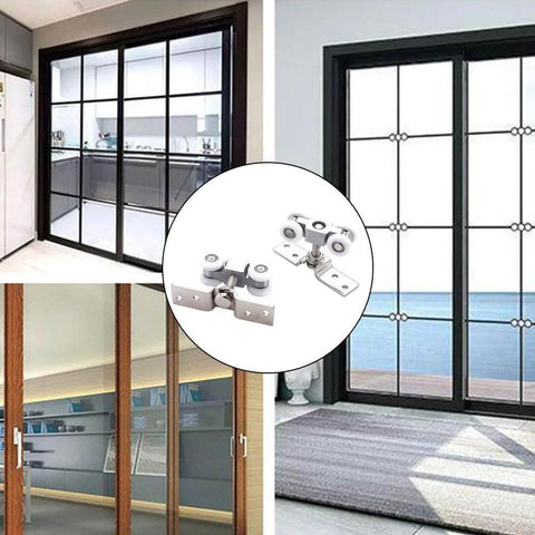 Slick Four Wheel Metal Sliding Track Pocket Door Roller Kit With Hanger Ball Bearing Pulleys for doors and partitions.