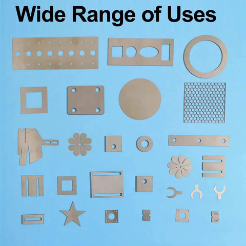 Various metal shim shapes illustrating wide range of uses for 304 Stainless Steel Pro Grade Shim Stock Set 1 Inch Wide 6 Inches Long 0.001 0.0015 0.002 Inch Thickness Three Piece Kit For Precise Spacers Calibrations And Light Metal Shimming Needs