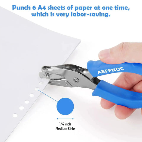 One Hole Paper Punch with Soft Grip Handle One Quarter Inch Hole Puncher for Crafts and Scrapbooks with mess tray being used