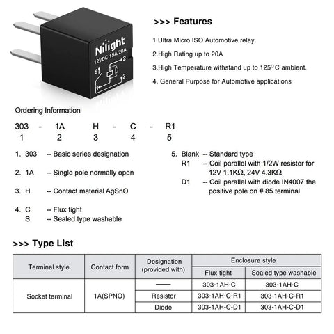 Diagram of 5 Pack 4 Pin SPNO Automotive Relay 20A Sealed, Plug and Play Direct Replacement for Polaris, with feature list.