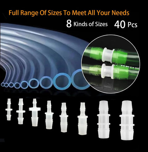 Hose barb fittings, 40 white plastic adapters in assorted sizes for aquarium tubing.