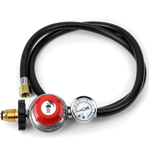 4 Foot High Pressure Propane Regulator With Gauge 0 To 60 Psi POL Connection Hose, durable brass construction, for outdoor cooking.