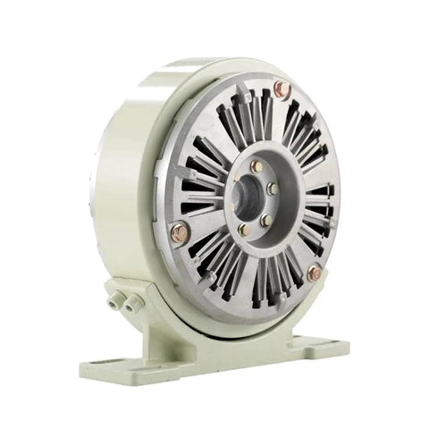 Front view: LVSEDTAL magnetic powder brake with base, green housing and gray vented hub