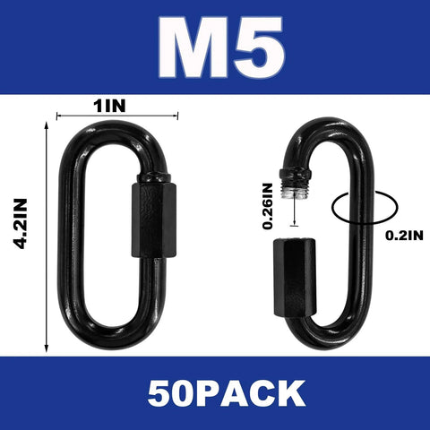 50 Pack 2 Inch Quick Links And M5 Locking Carabiners Set In Black Galvanized Steel with dimensions for outdoor use