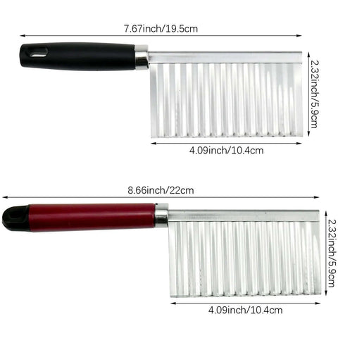 Two stainless steel 2 Pack Crinkle Cutter Wavy Potato Slicer Knife For French Fries And Veggies with red and black handles