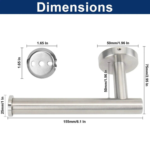 Dimensions of Stainless Steel Toilet Paper Holder Wall Mounted 6 Inch Length SUS304 Rustproof Brushed Nickel Finish with anti-rotation bracket.