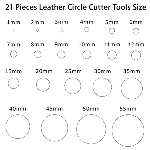 Chart of Leather Circle Cutter Tool Set With 21 Sizes From 15 To 55 Mm, showing circle sizes from 1mm to 55mm for DIY crafts.