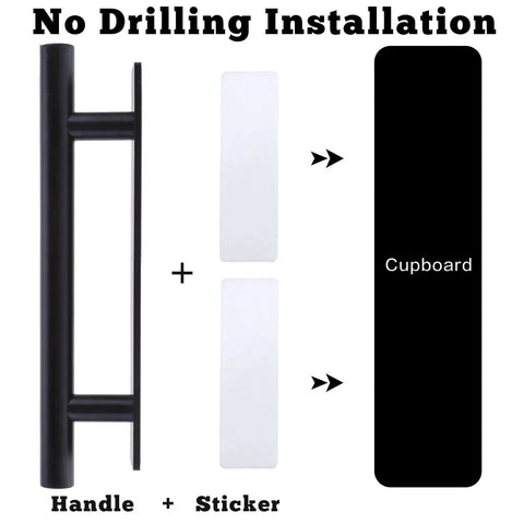 8 Pack Adhesive Cabinet Handles Self Stick Push Pull Helpers Black ABS Material No Drill Instant Installation For Cabinets Drawers And Furniture Ideal For Wardrobes Cupboards Pantry And Desks layout showing handle, sticker, and cupboard placement