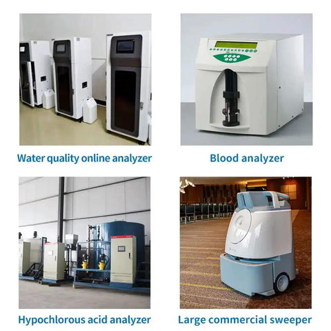 Four types of analyzers and commercial sweeper, including a water quality analyzer and blood analyzer, alongside hypochlorous acid analyzer.